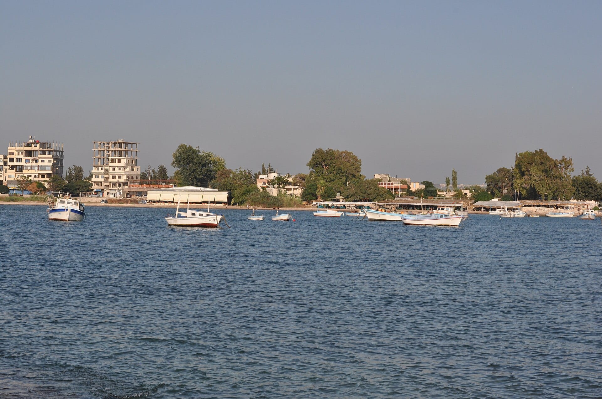 Fishing boats riding off the coast at Ibn Hani, near Latakia.